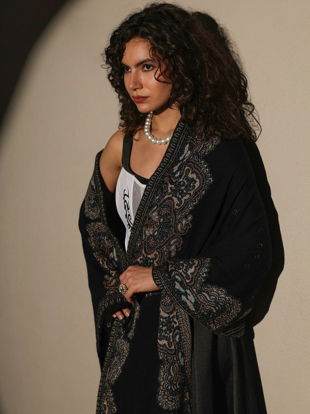  Black Woven Design Wool Women's Shawl 