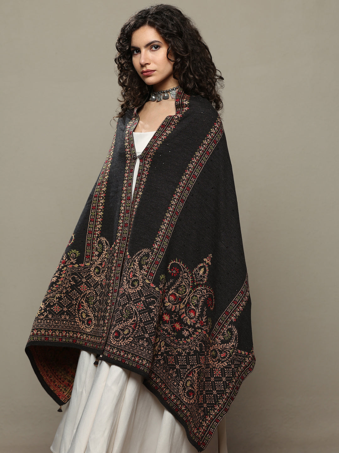  Black Woven Design Wool Women's Shawl 