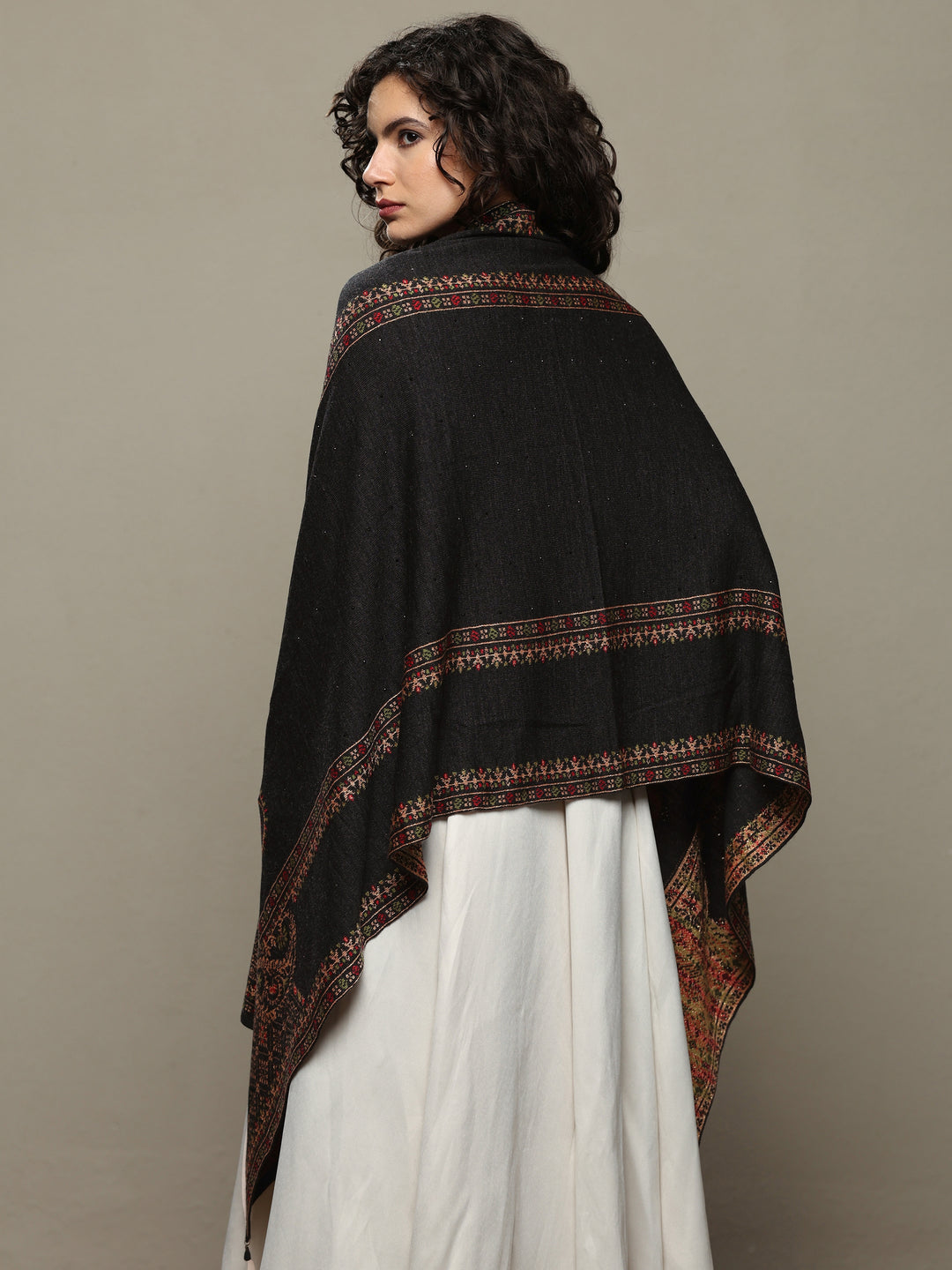  Black Woven Design Wool Women's Shawl 