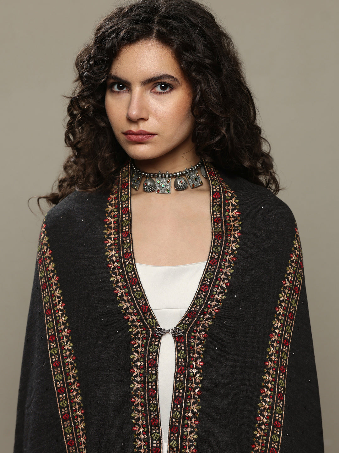  Black Woven Design Wool Women's Shawl 