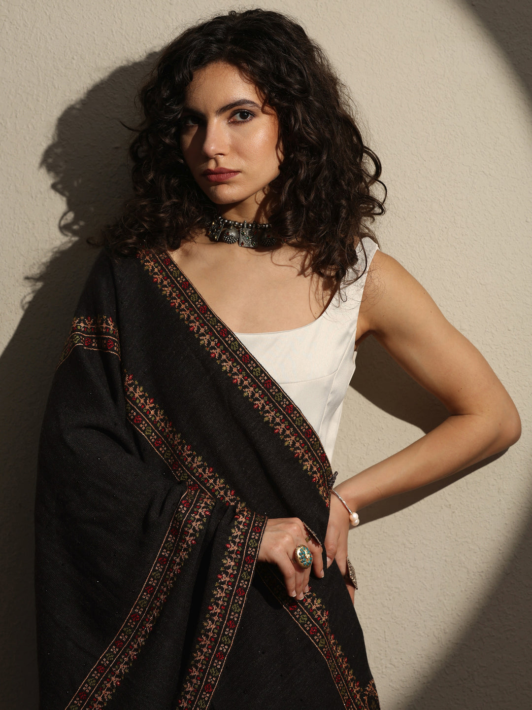  Black Woven Design Wool Women's Shawl 