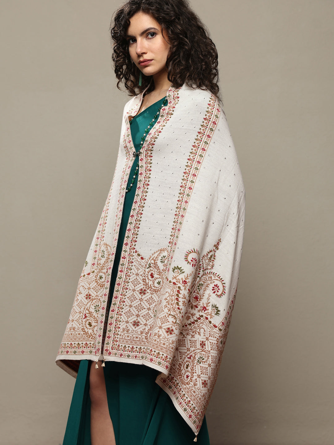  White Woven Design Wool Women's Shawl 