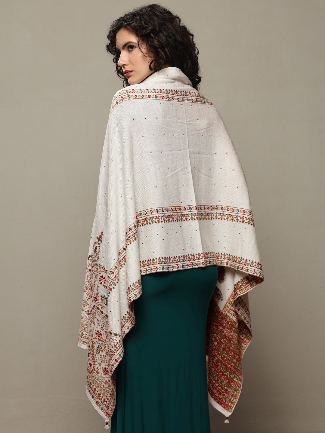  White Woven Design Wool Women's Shawl 