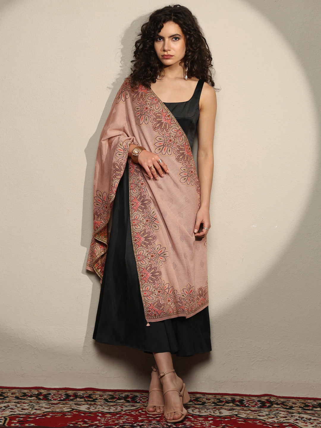  Beige Woven Design Wool Women's Shawl 