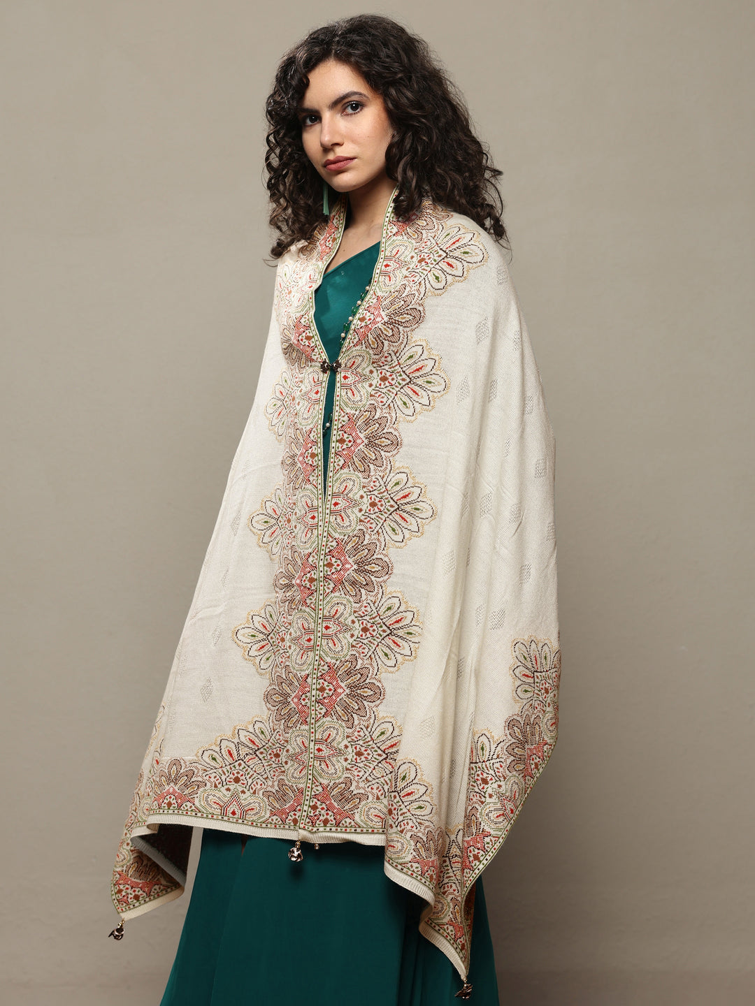  White Woven Design Wool Women's Shawl 