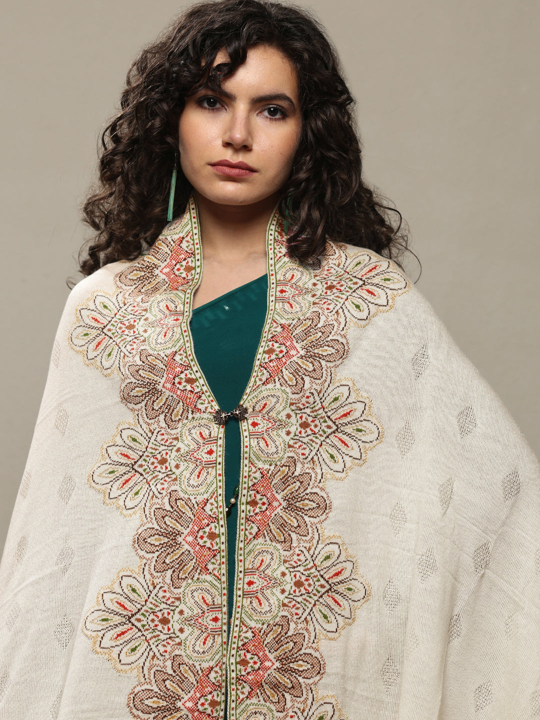  White Woven Design Wool Women's Shawl 