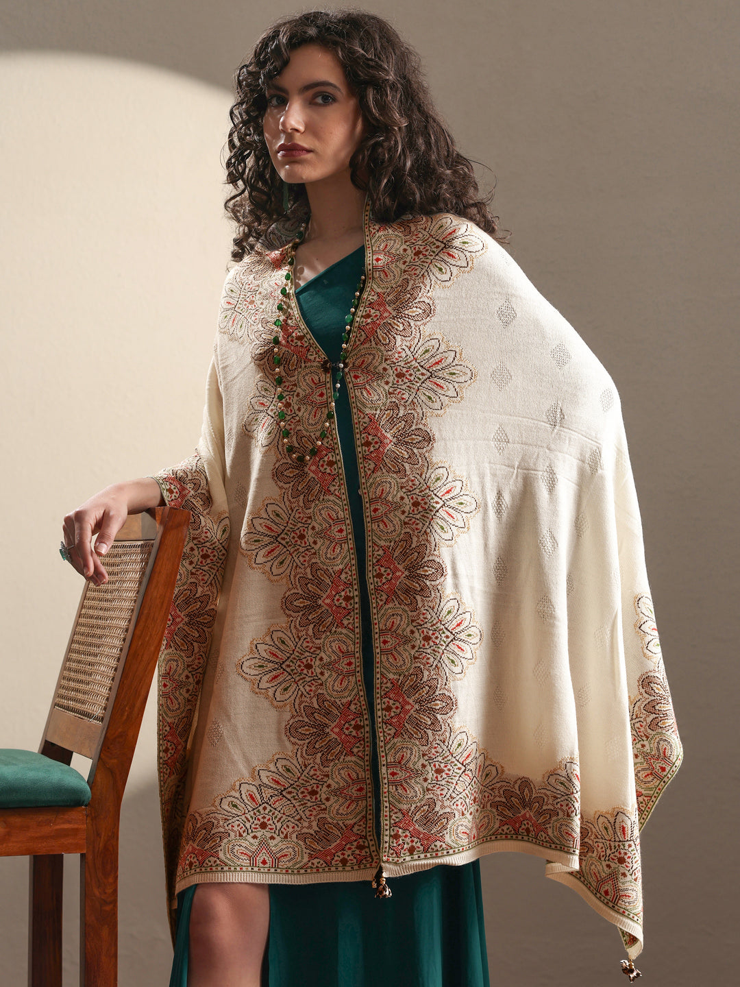  White Woven Design Wool Women's Shawl 