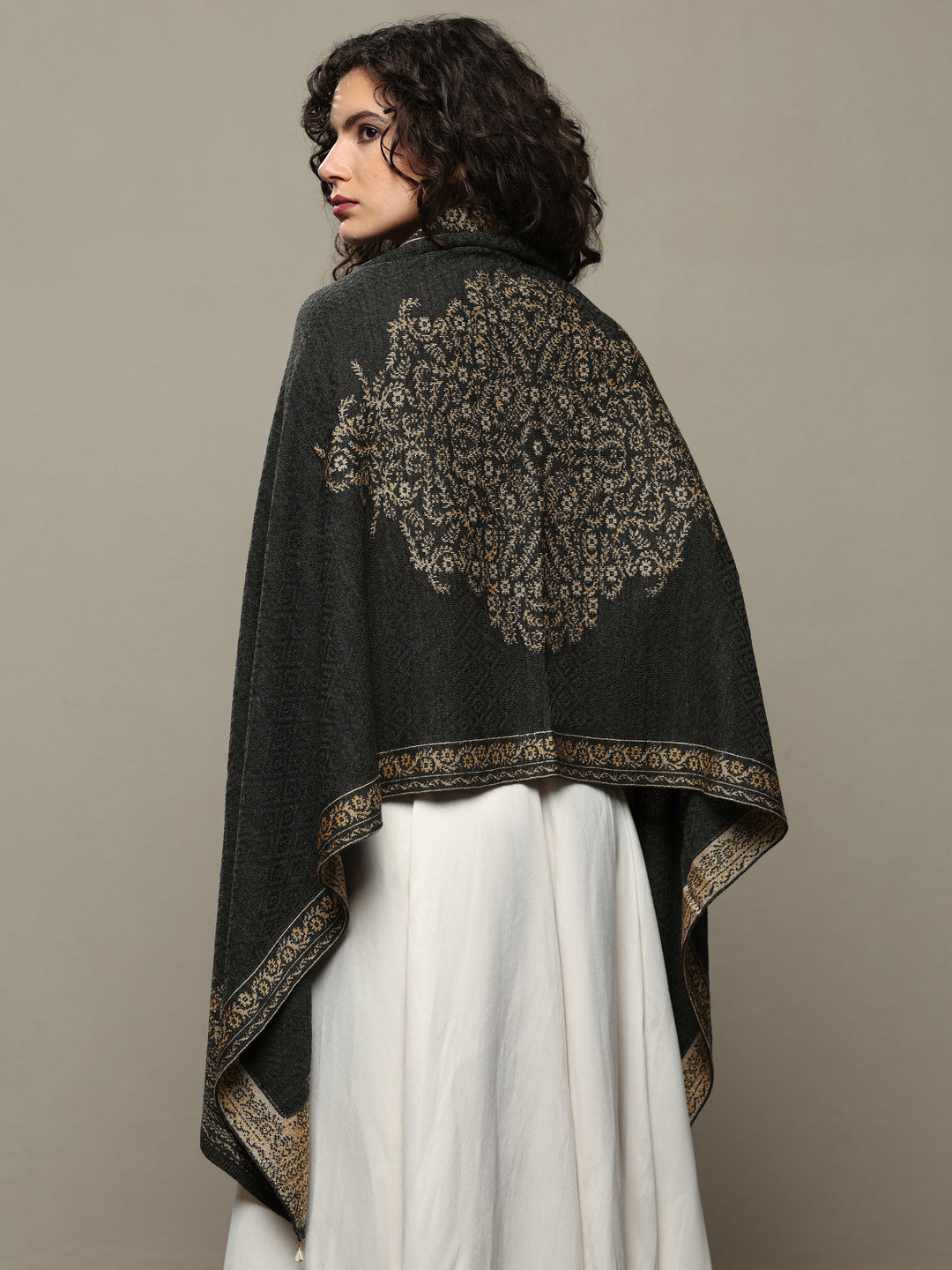  Charcoal Woven Design Wool Women's Shawl 