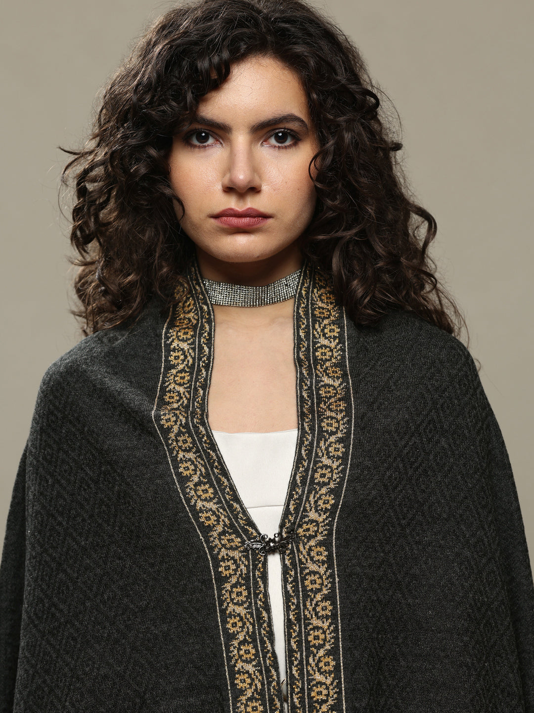  Charcoal Woven Design Wool Women's Shawl 