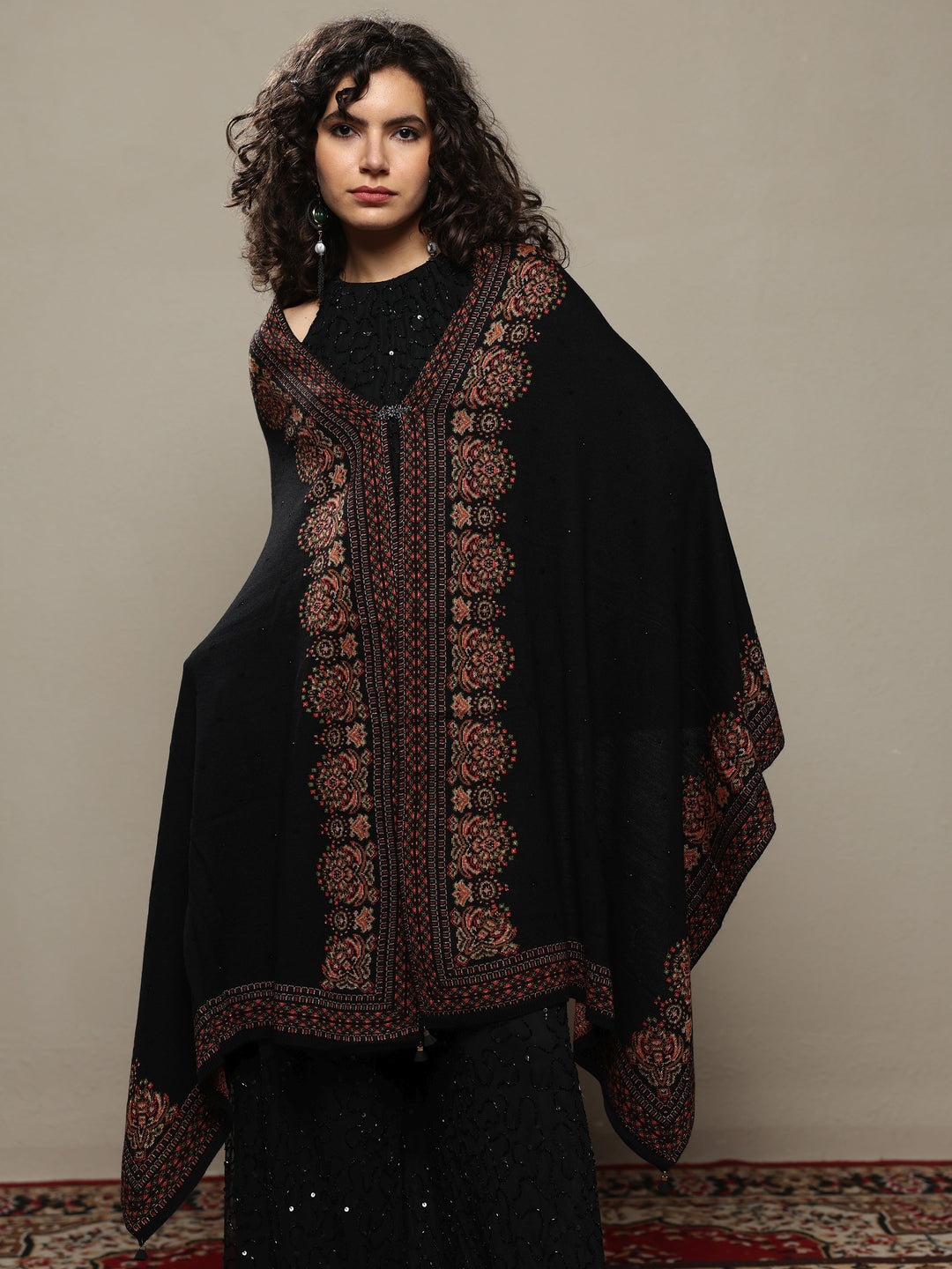  Black Woven Design Wool Women's Shawl 