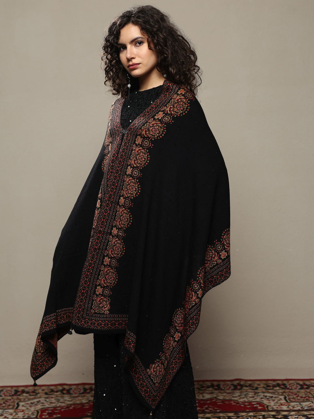  Black Woven Design Wool Women's Shawl 