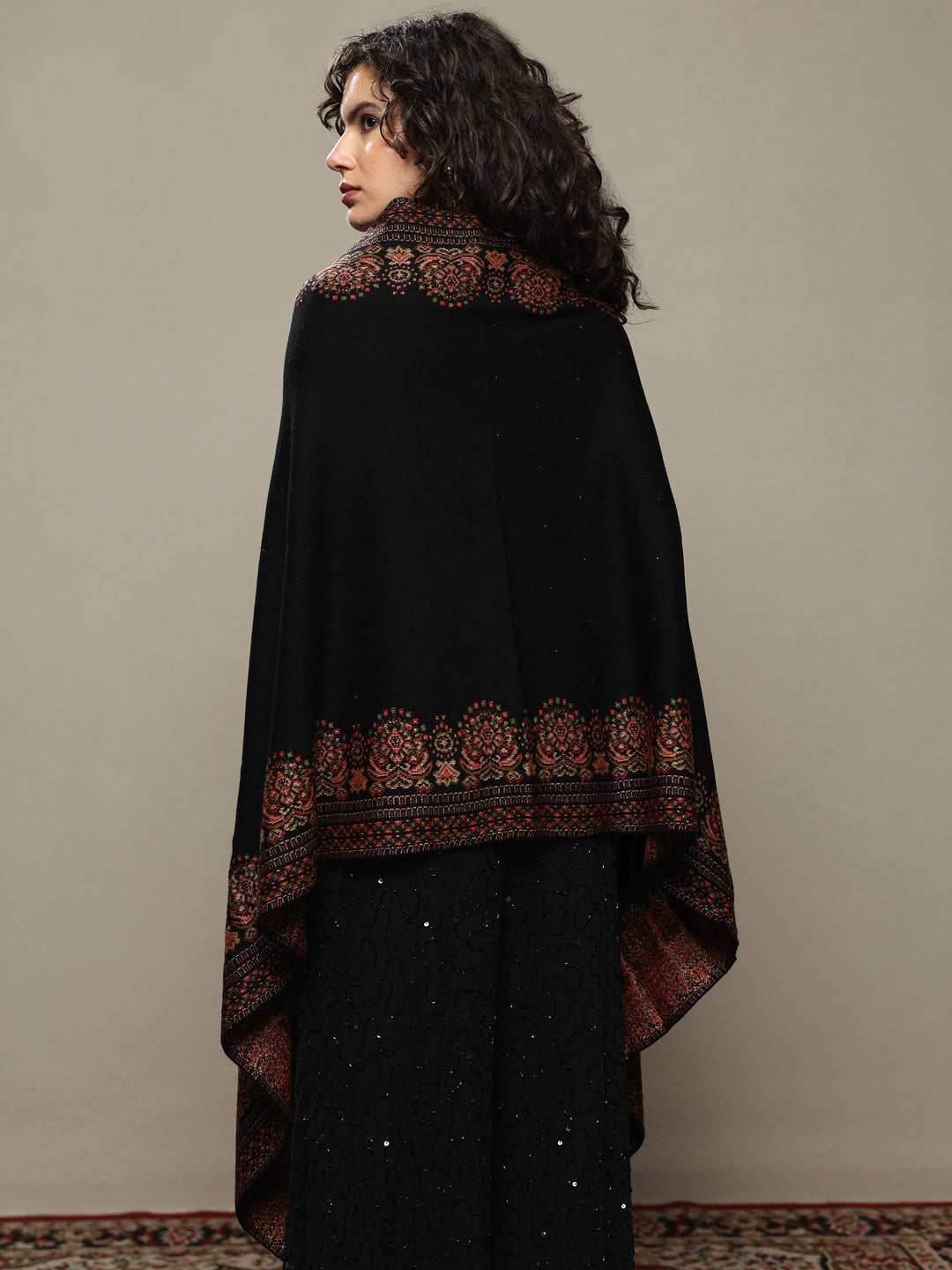  Black Woven Design Wool Women's Shawl 