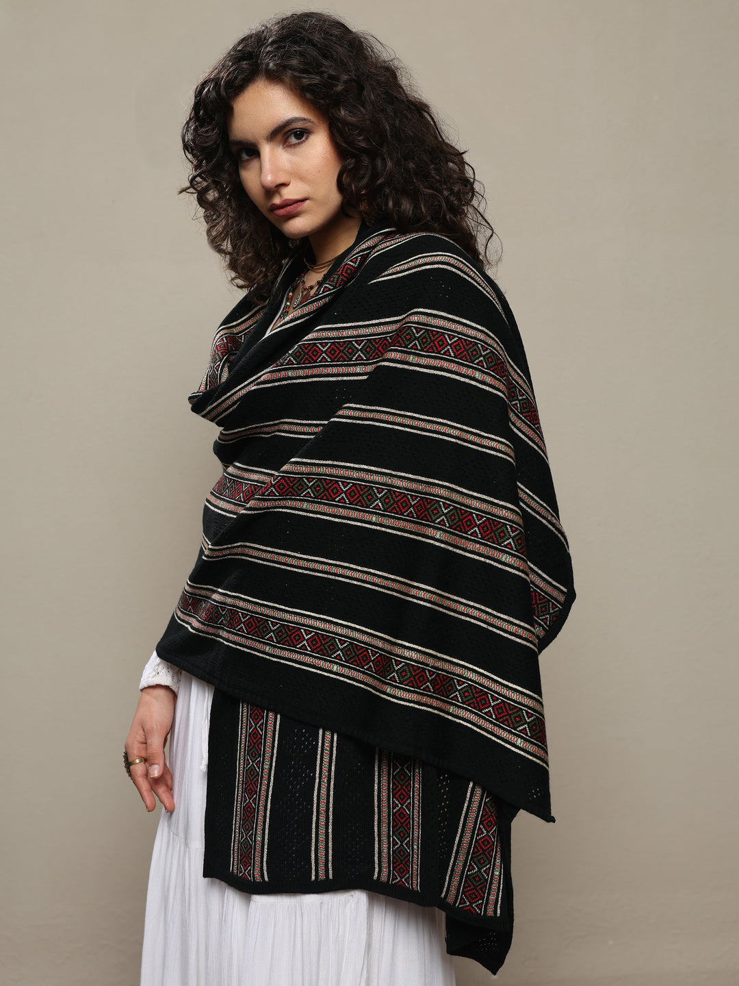  Black Woven Design Wool Women's Shawl 