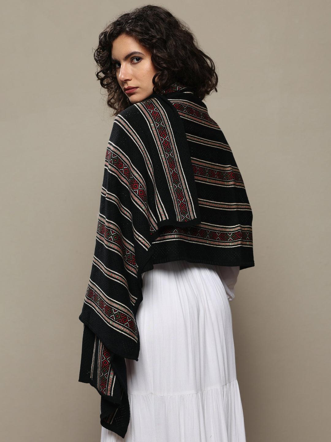  Black Woven Design Wool Women's Shawl 
