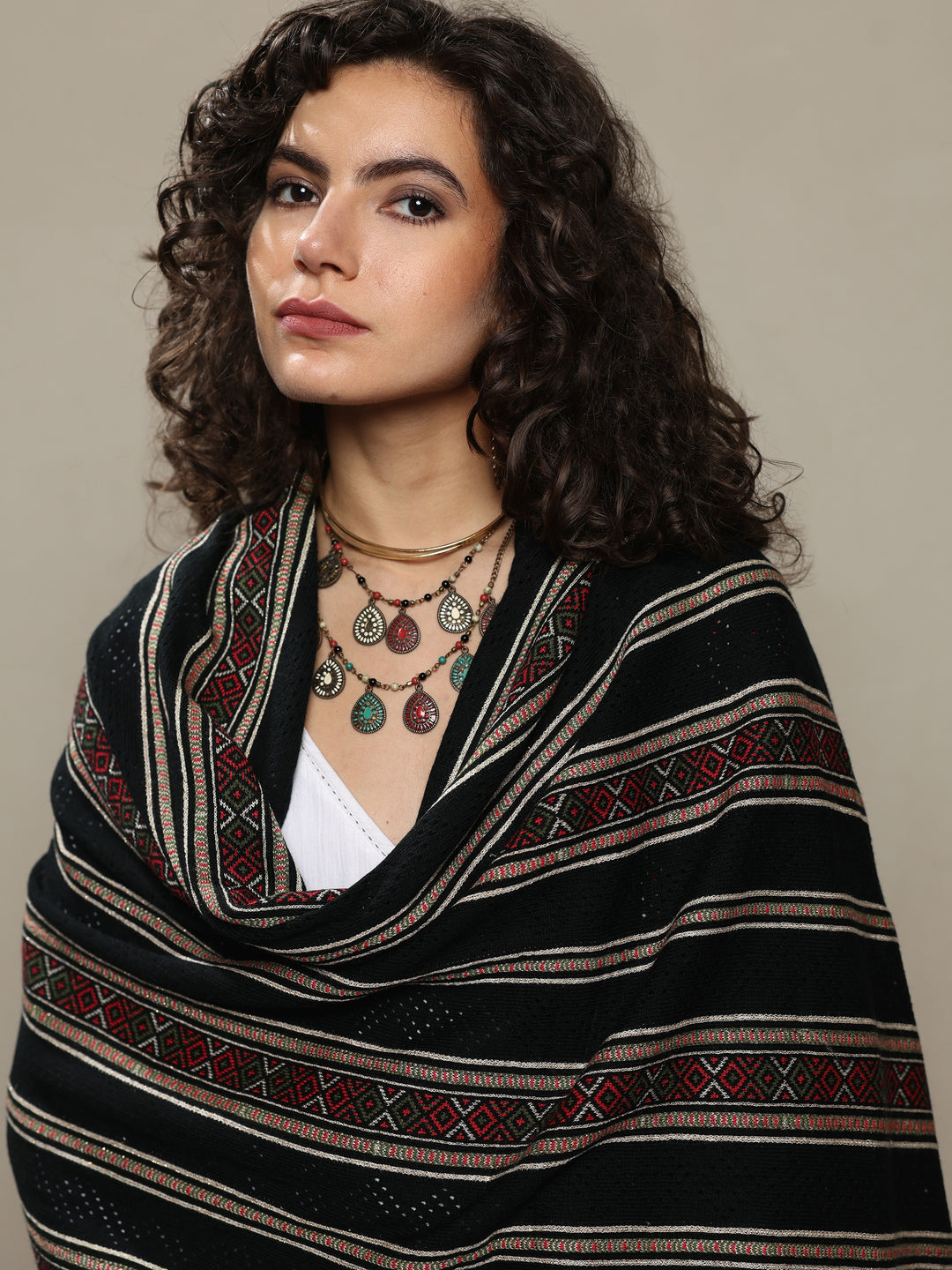 Black Woven Design Wool Women's Shawl 