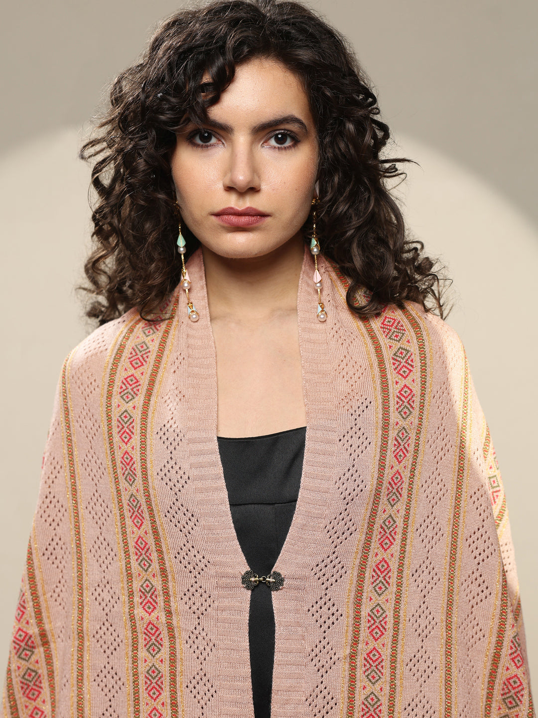  Beige Woven Design Wool Women's Shawl 