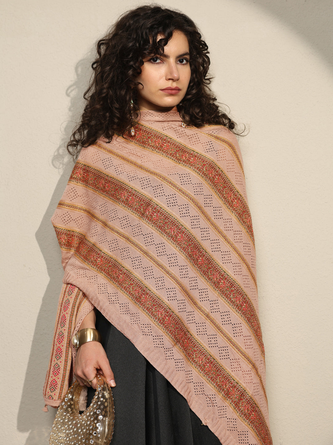  Beige Woven Design Wool Women's Shawl 