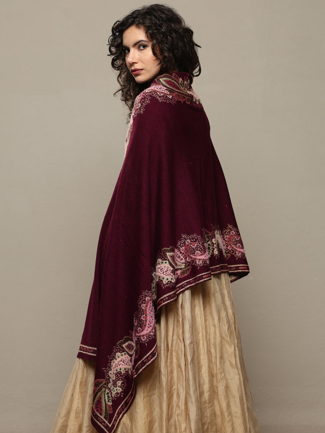  Maroon Woven Design Wool Women's Shawl 