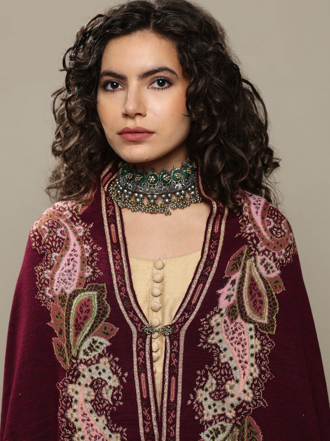  Maroon Woven Design Wool Women's Shawl 