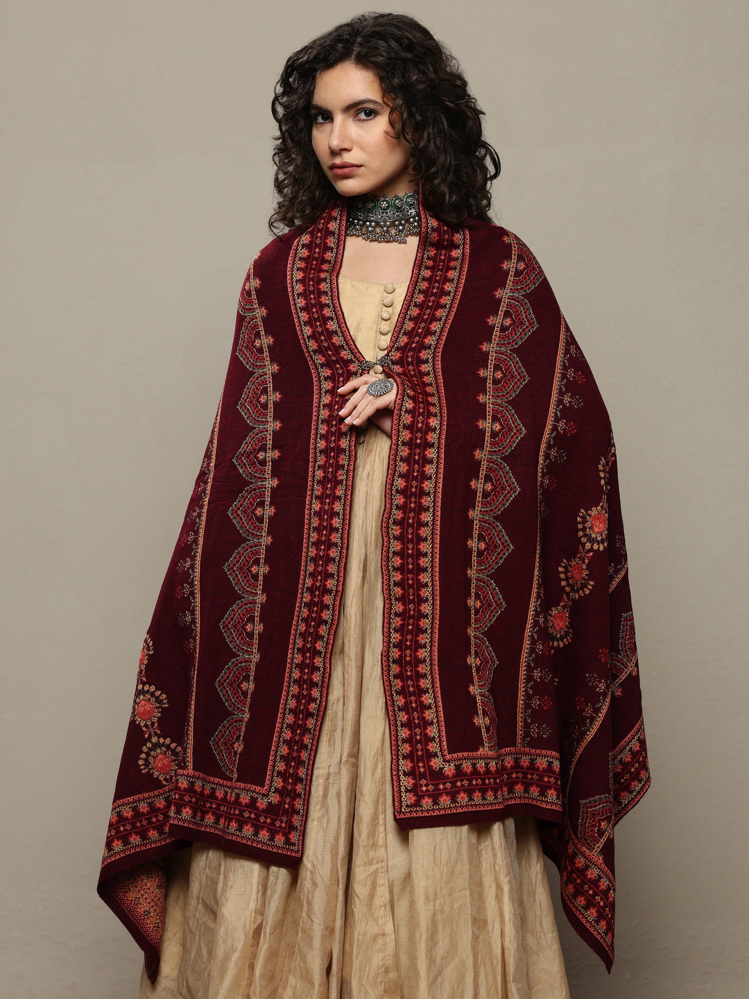 Maroon Woven Design Wool Women's Shawl 