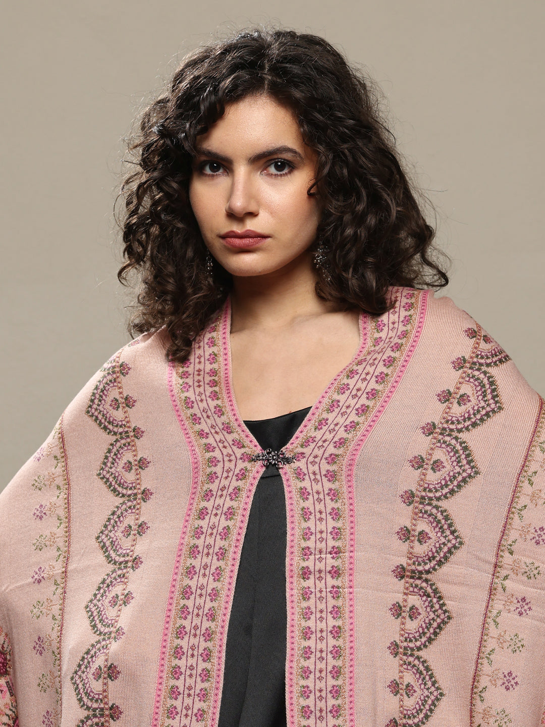  Beige Woven Design Wool Women's Shawl 