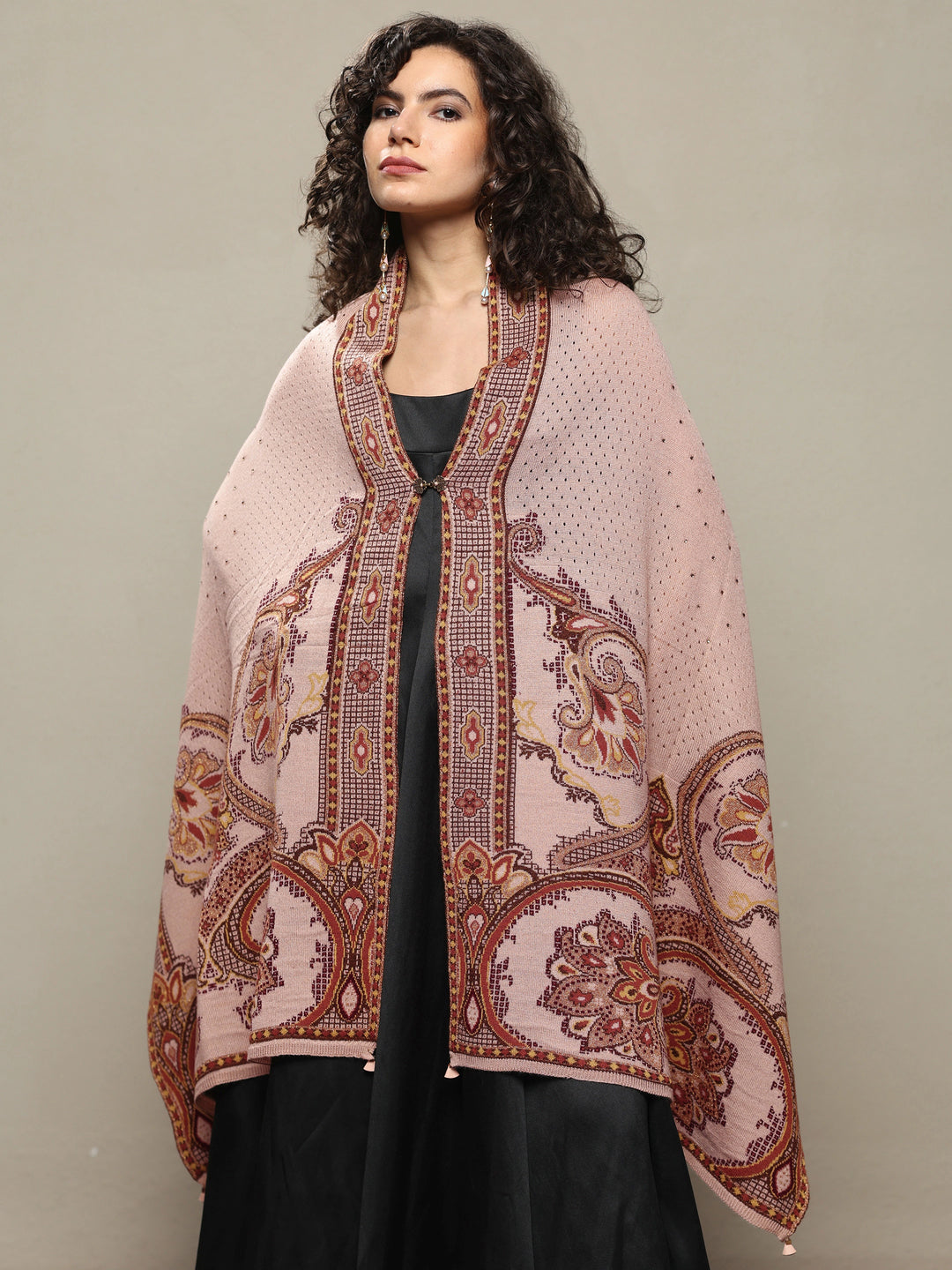 Beige Woven Design Wool Women's Shawl