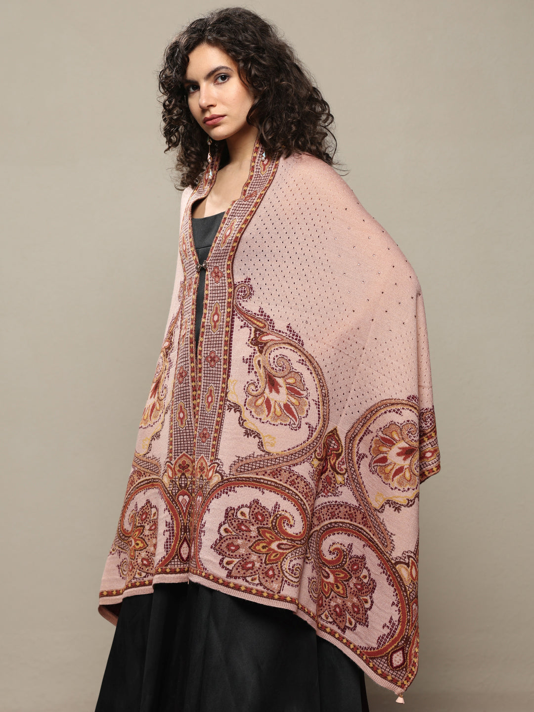  Beige Woven Design Wool Women's Shawl 