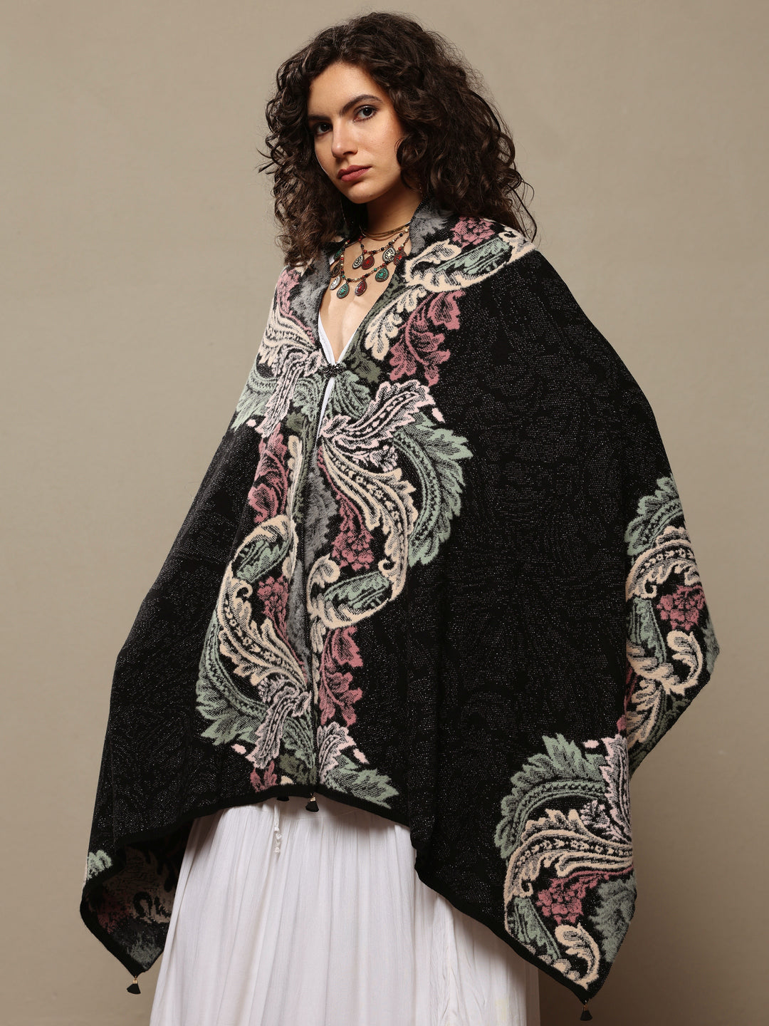  Black Woven Design Wool Women's Shawl 