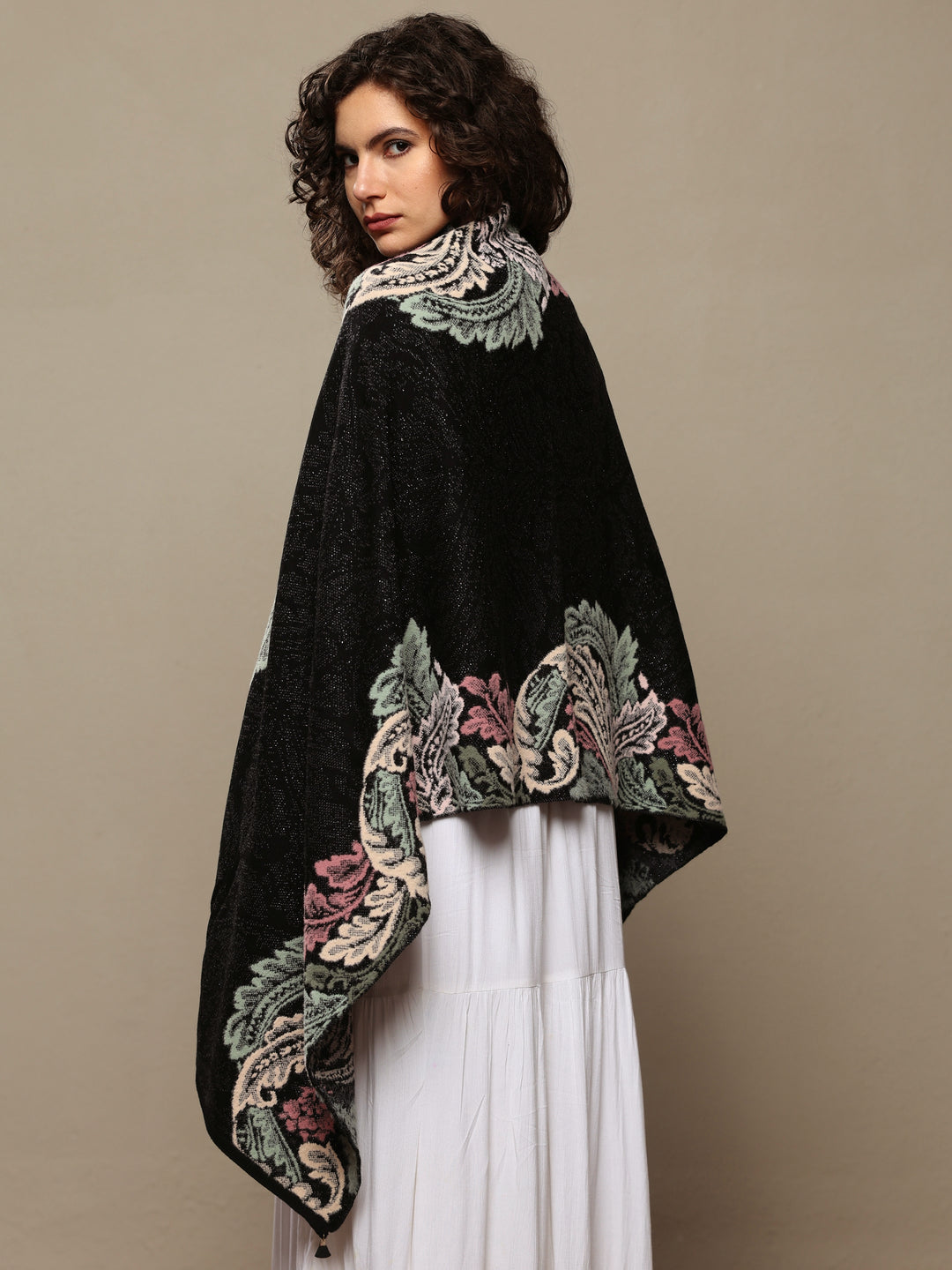  Black Woven Design Wool Women's Shawl 