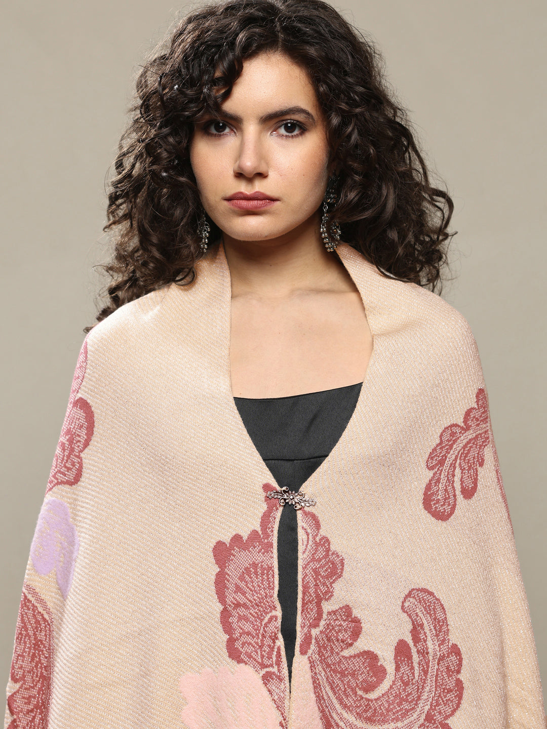  Beige Woven Design Wool Women's Shawl 