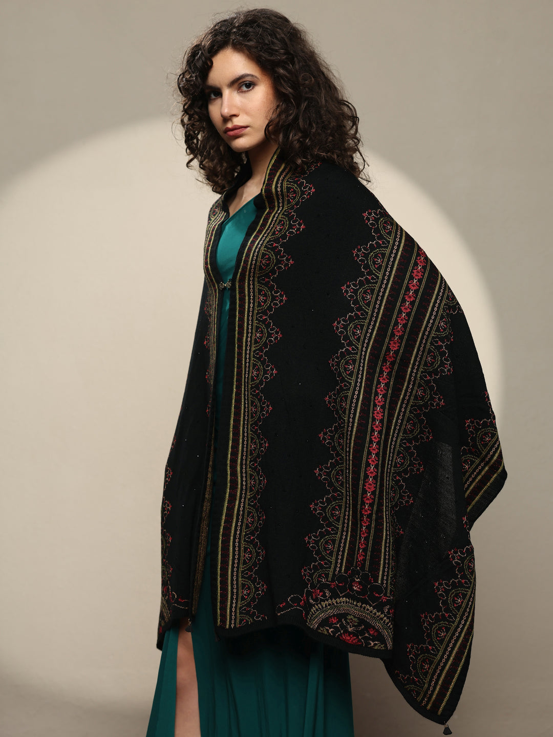  Black Woven Design Wool Women's Shawl 
