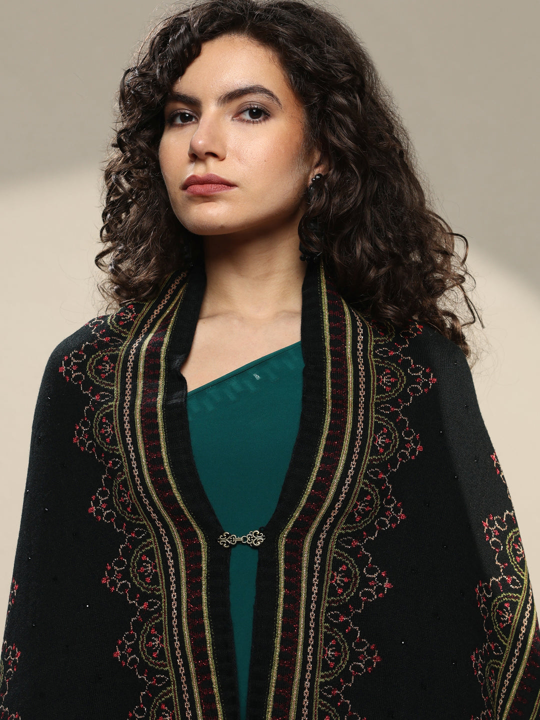  Black Woven Design Wool Women's Shawl 