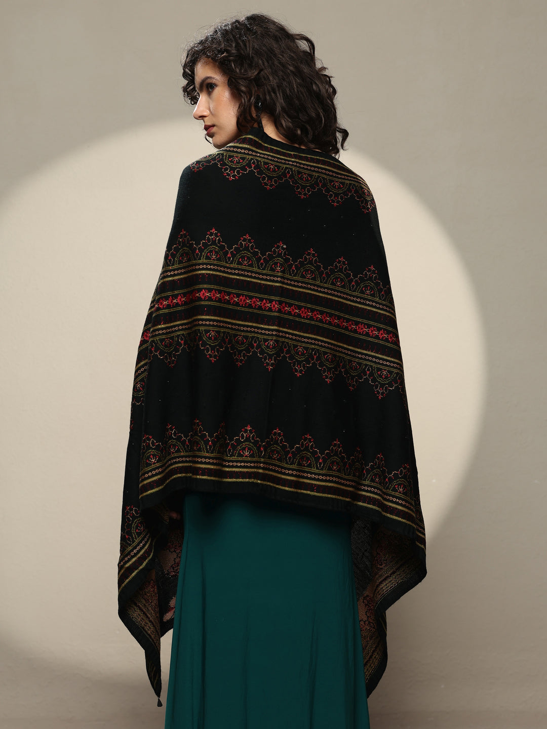  Black Woven Design Wool Women's Shawl 