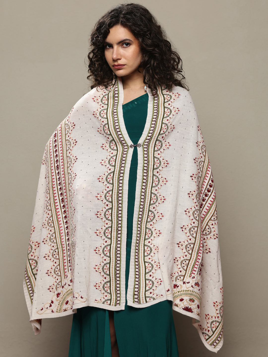  White Woven Design Wool Women's Shawl 