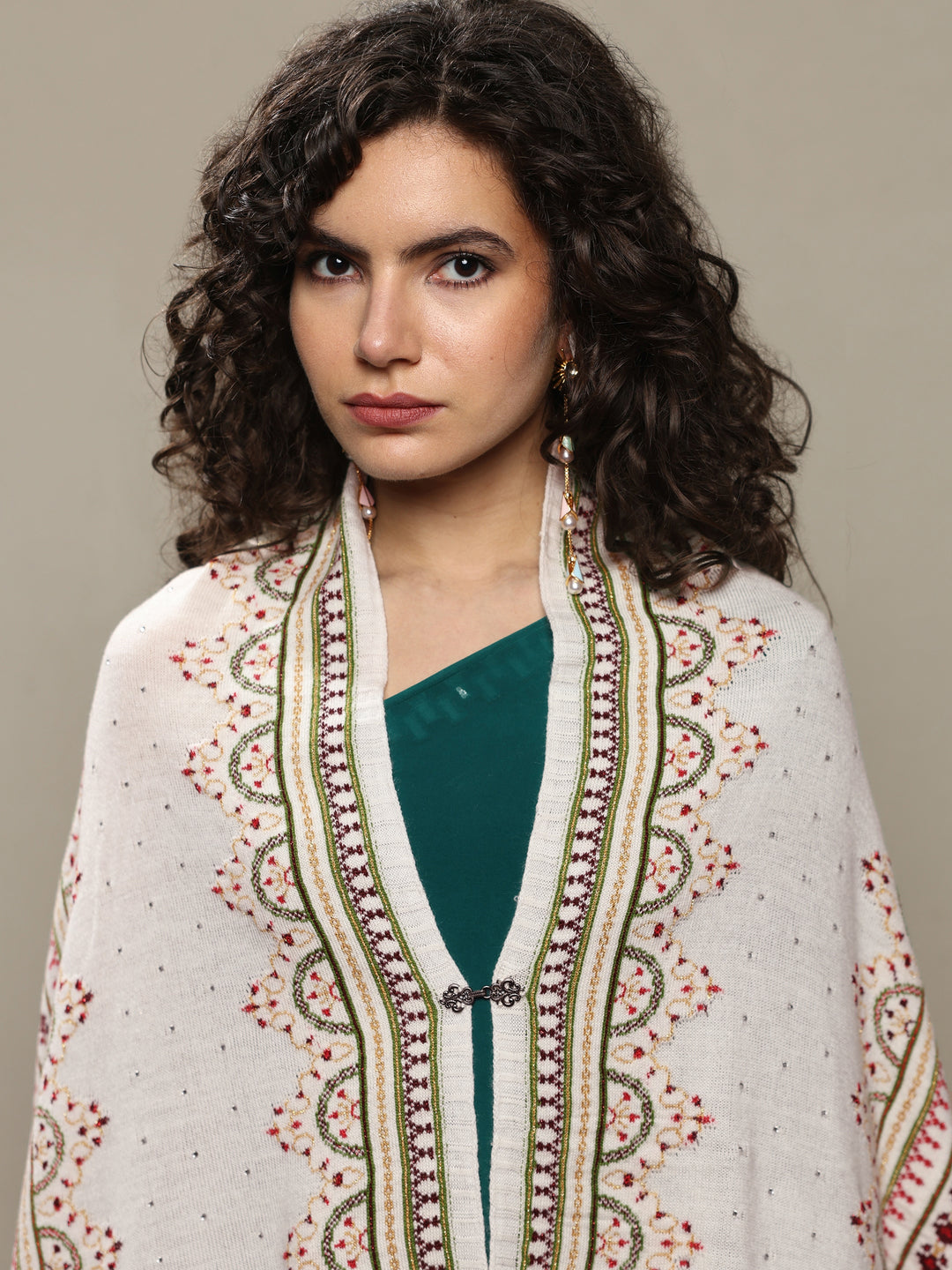  White Woven Design Wool Women's Shawl 