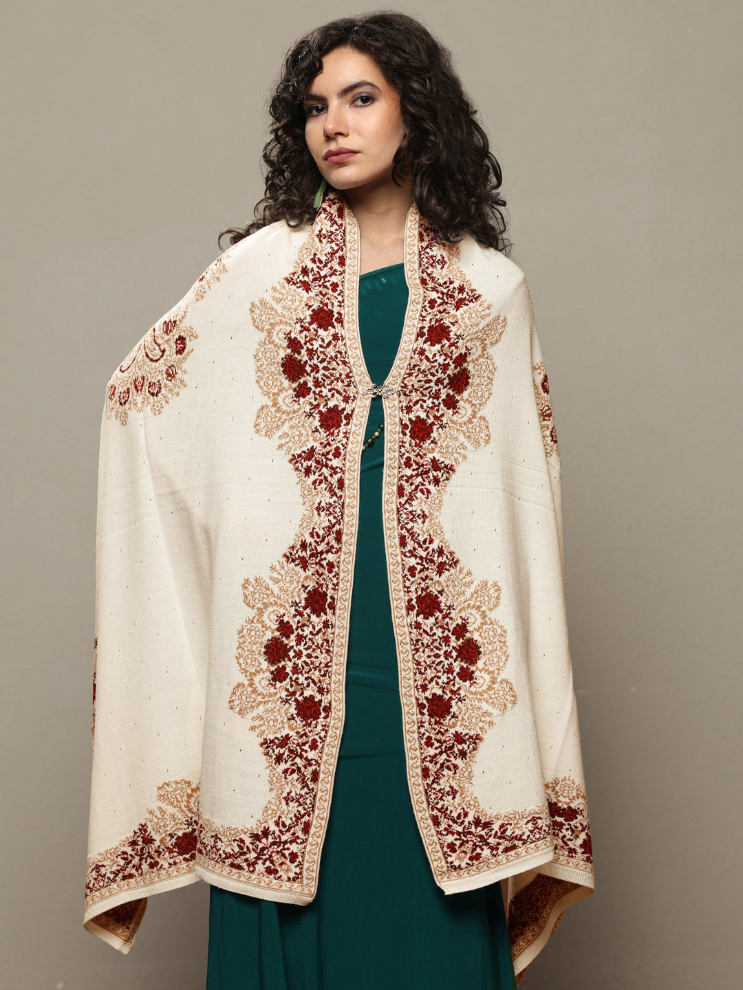  White Woven Design Wool Women's Shawl 