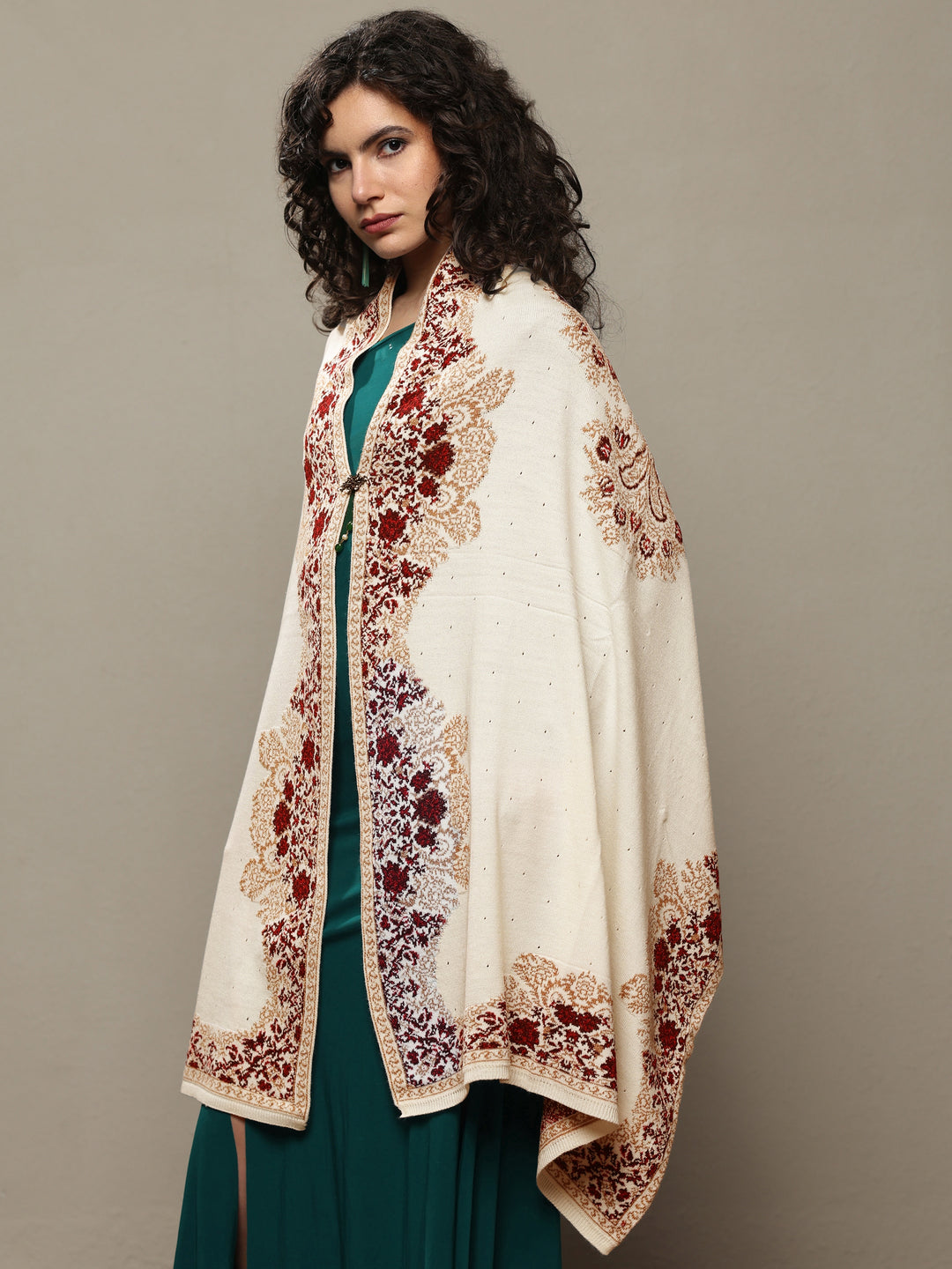  White Woven Design Wool Women's Shawl 