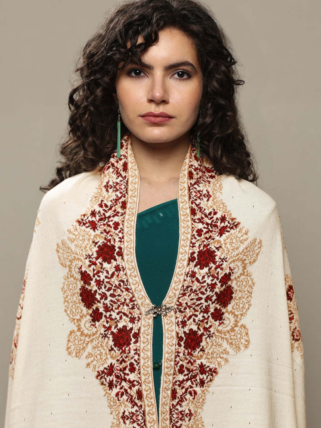  White Woven Design Wool Women's Shawl 