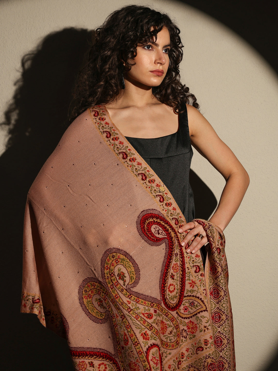 Beige Woven Design Wool Wrap Shawl