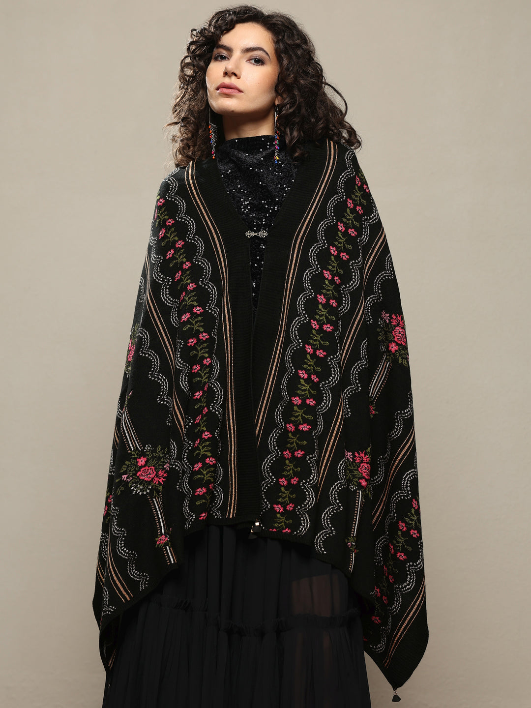  Black Woven Design Wool Wrap Shawl 