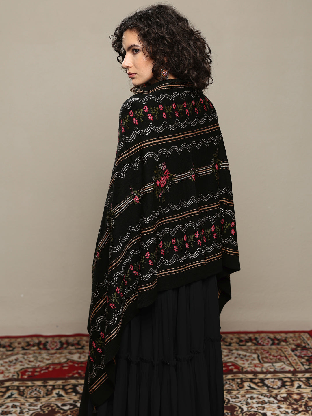  Black Woven Design Wool Wrap Shawl 