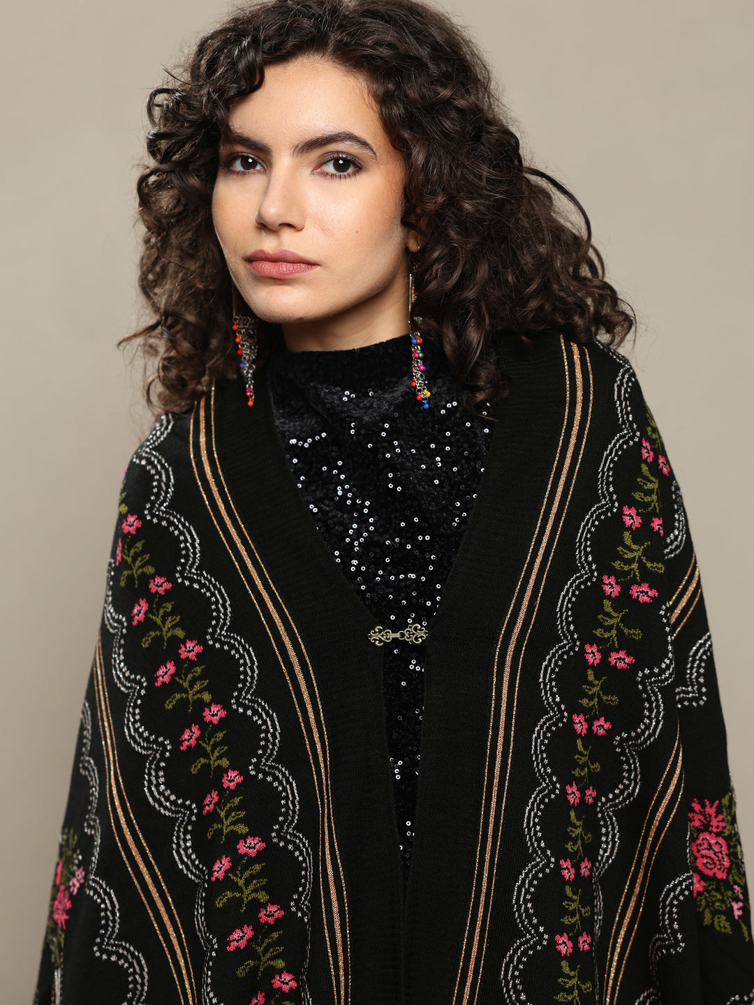  Black Woven Design Wool Wrap Shawl 