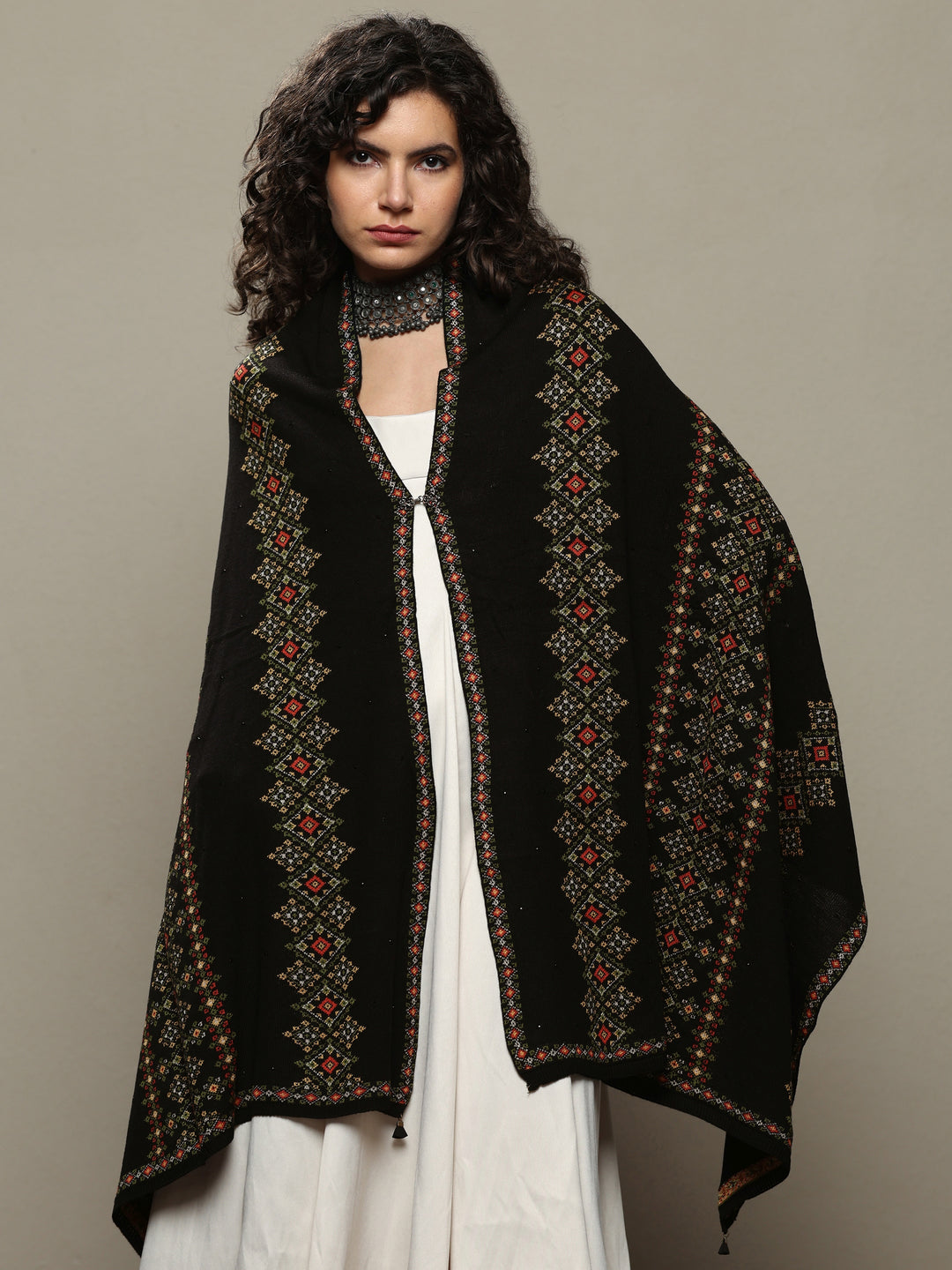  Black Woven Design Wool Women's Shawl 