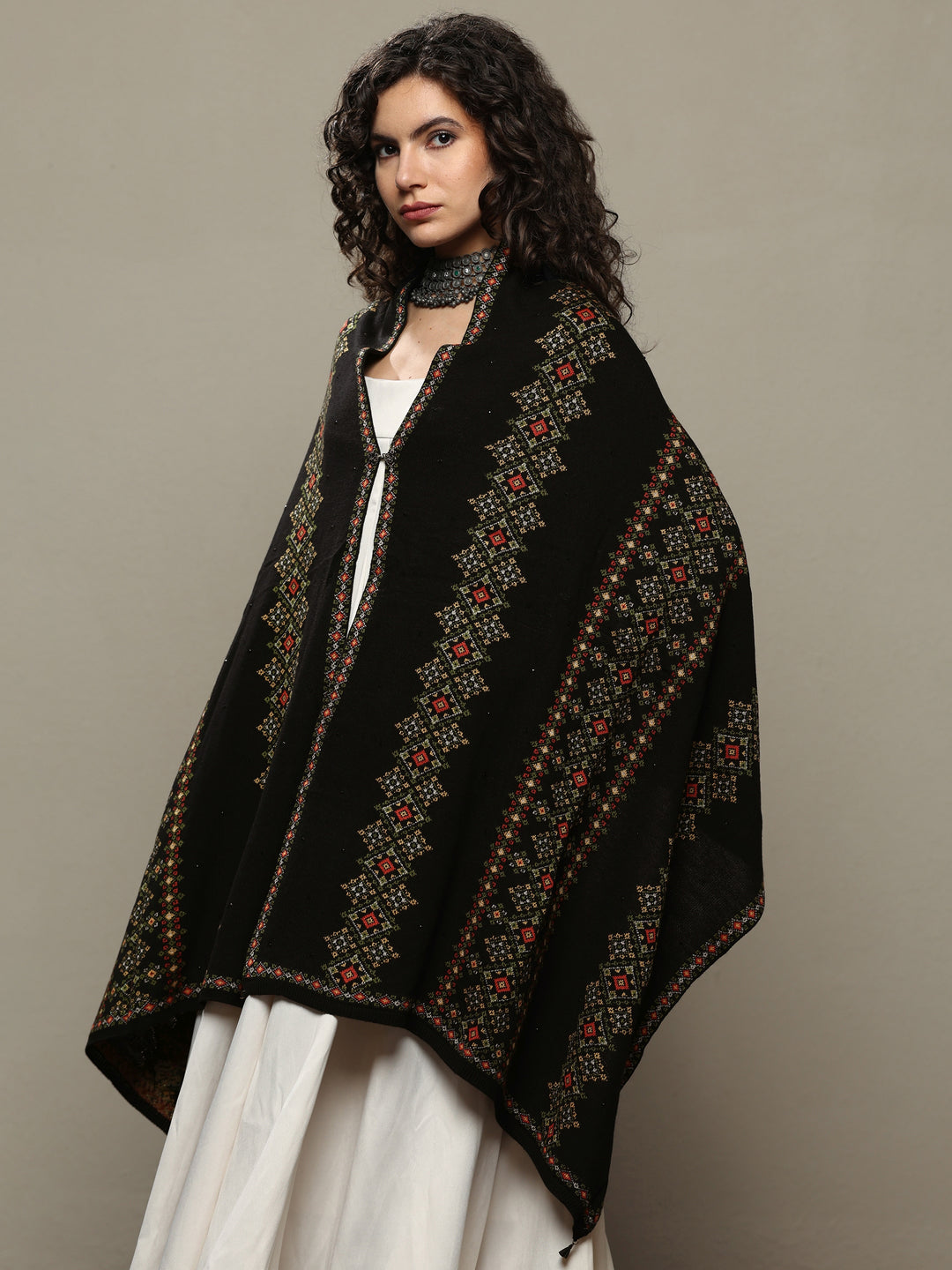  Black Woven Design Wool Women's Shawl 