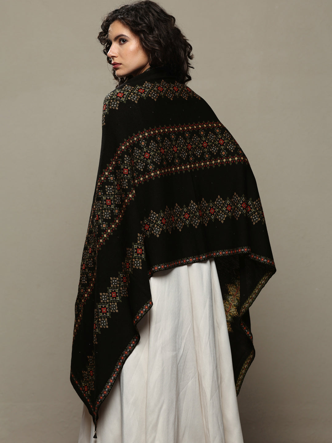 Black Woven Design Wool Women's Shawl 
