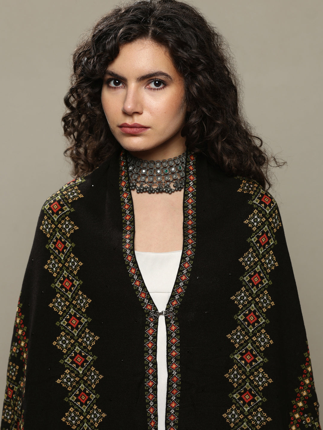  Black Woven Design Wool Women's Shawl 