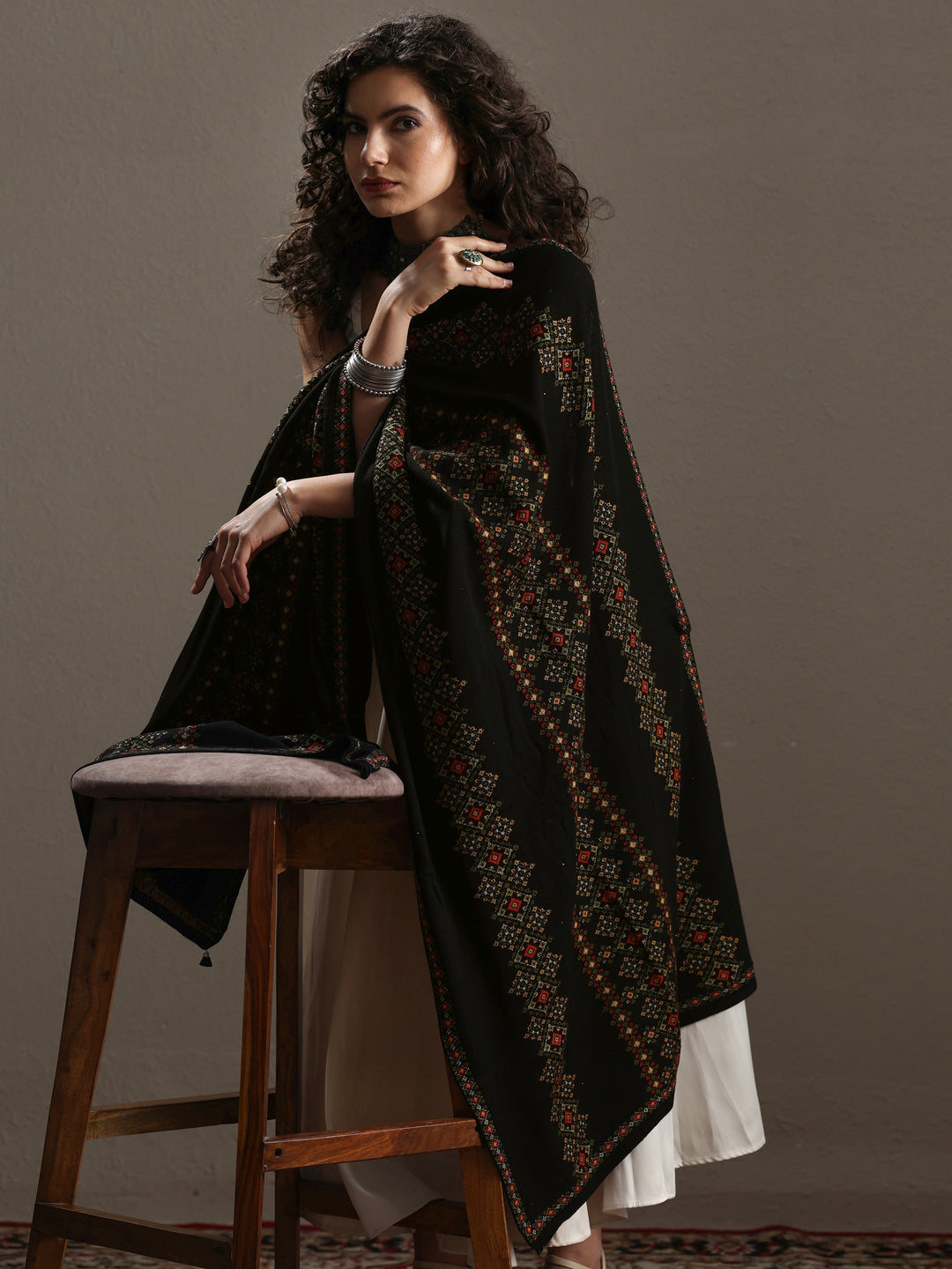  Black Woven Design Wool Women's Shawl 