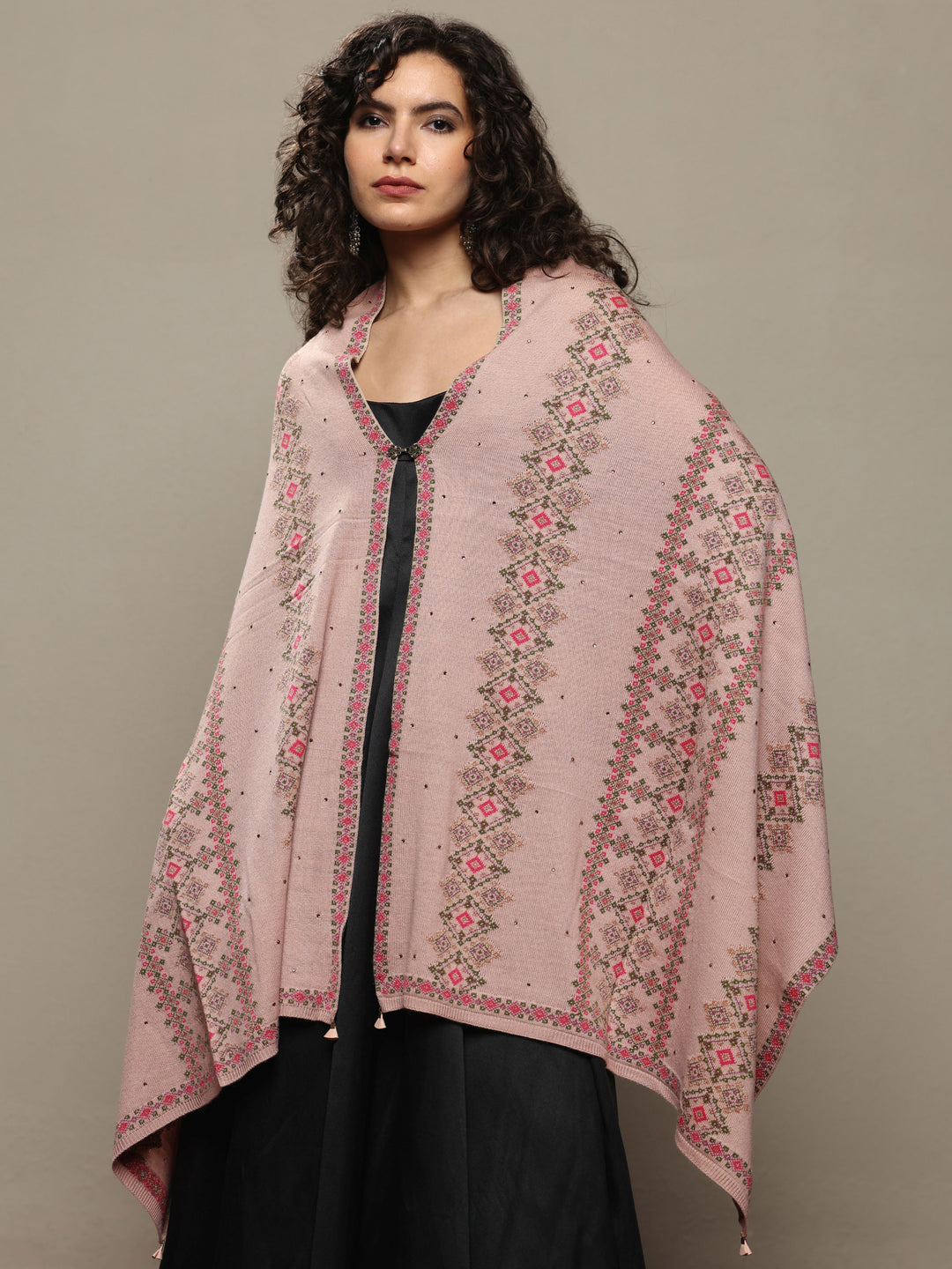  Beige Woven Design Wool Women's Shawl 