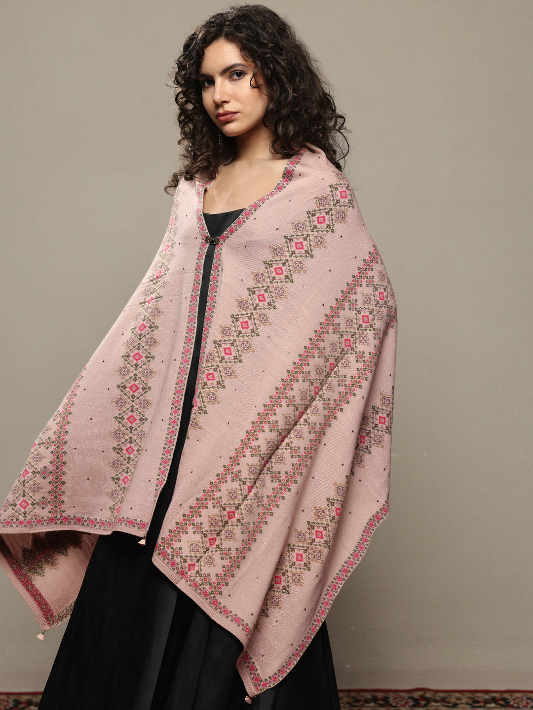  Beige Woven Design Wool Women's Shawl 
