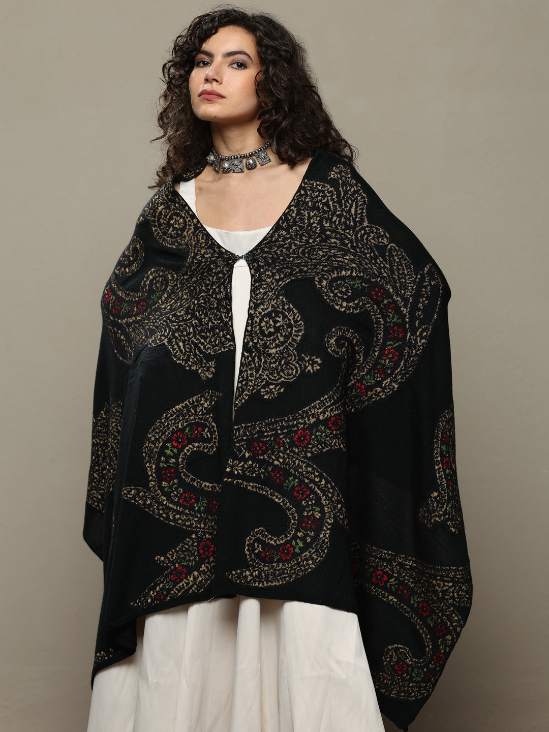  Black Woven Design Wool Women's Shawl 